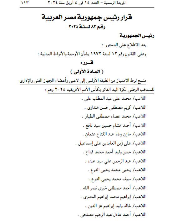 قرار جمهورى بمنح نوط الامتياز من الطبقة الأولى إلى منتخب اليد.. بالأسماء (1)