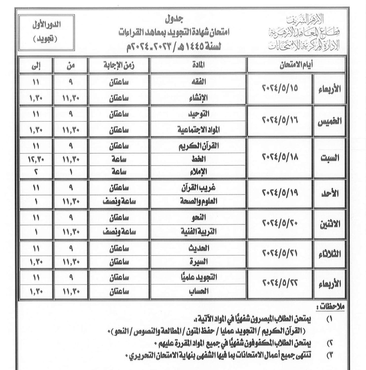 جداول امتحانات الشهادات الأزهرية بسوهاج (11)