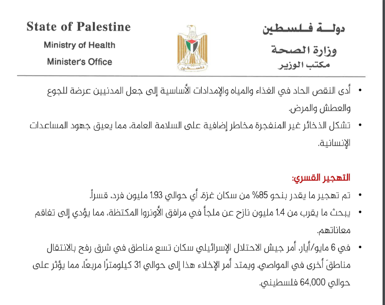 بيان وزارة الصحة الفلسطينية