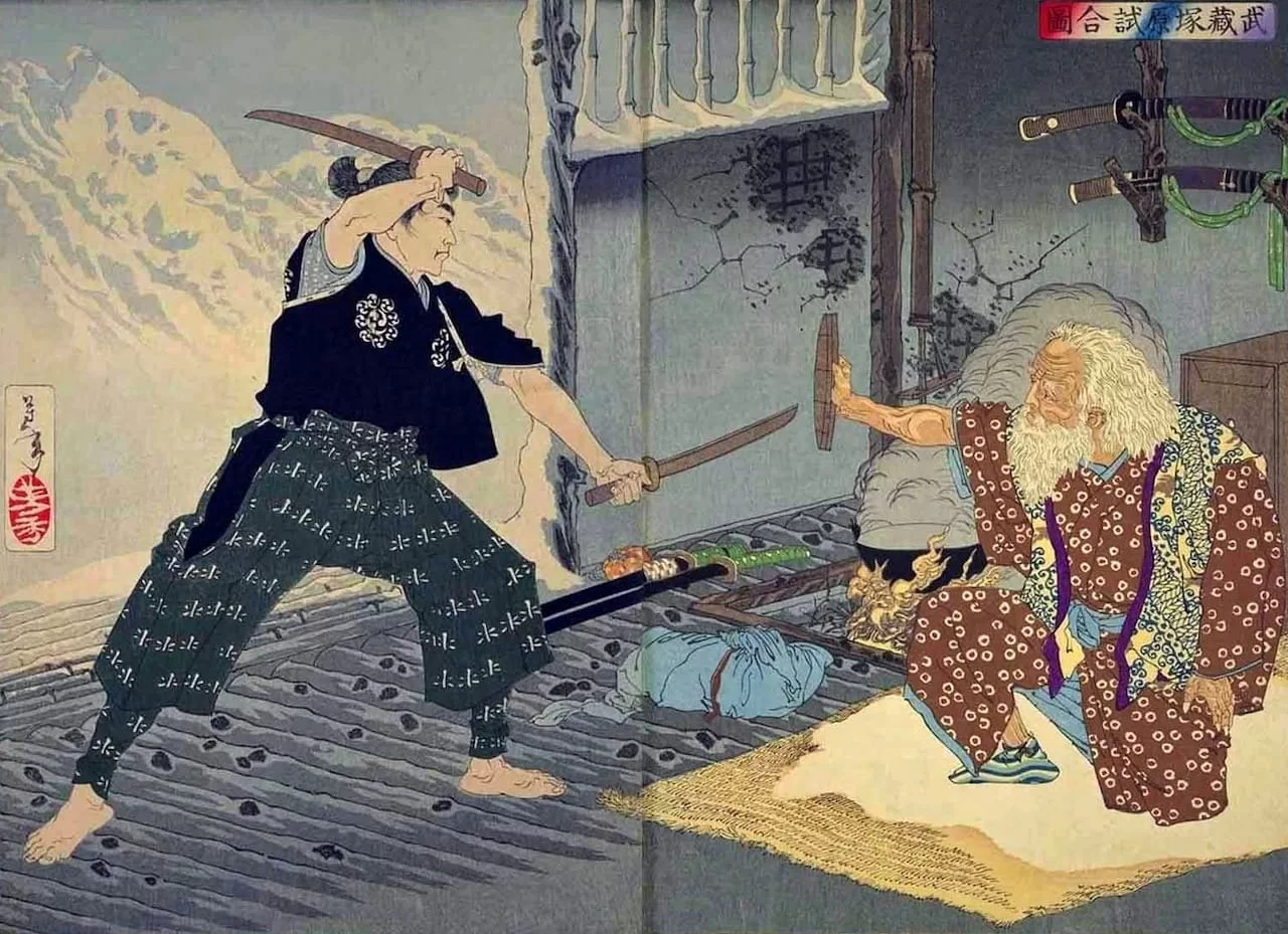رسم توضيحى يظهر مياموتو موساشي، مؤلف كتاب الخواتم الخمسة، وهو يقاتل بالسيوف الخشبية