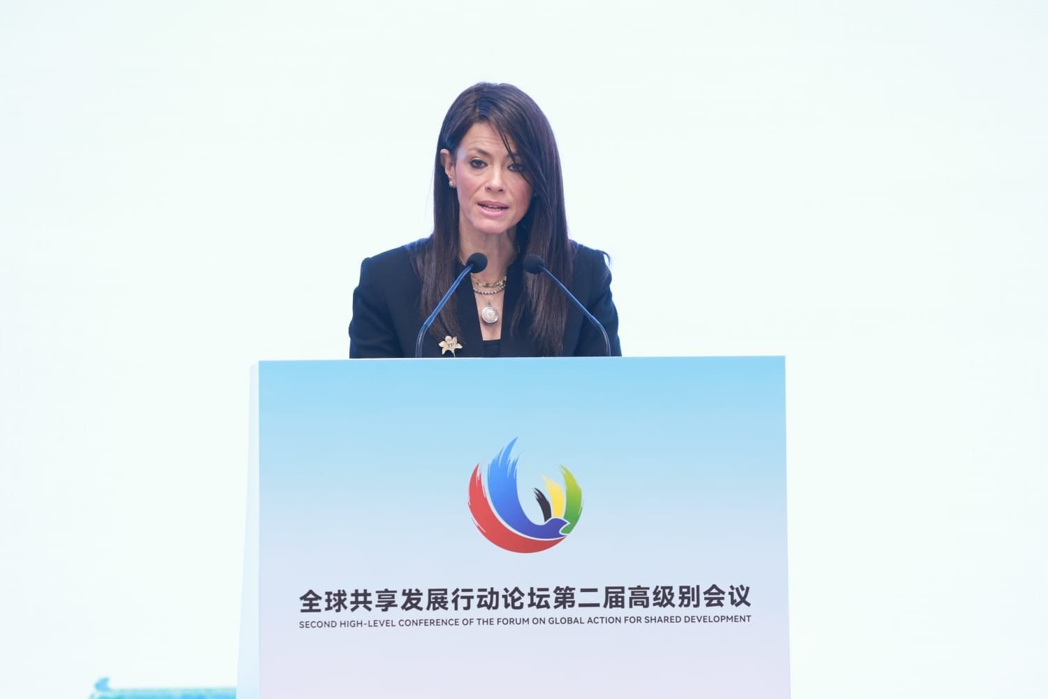 وزيرة التعاون الدولي خلال كلمتها بجلسة نظمتها الوكالة الصينية للتعاون الدولي الإنمائي