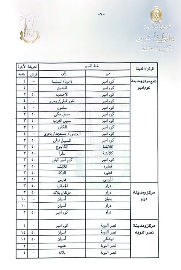 تعريفة الأجرة الجديدة للمواصلات الداخلية والخارجية بأسوان (3)