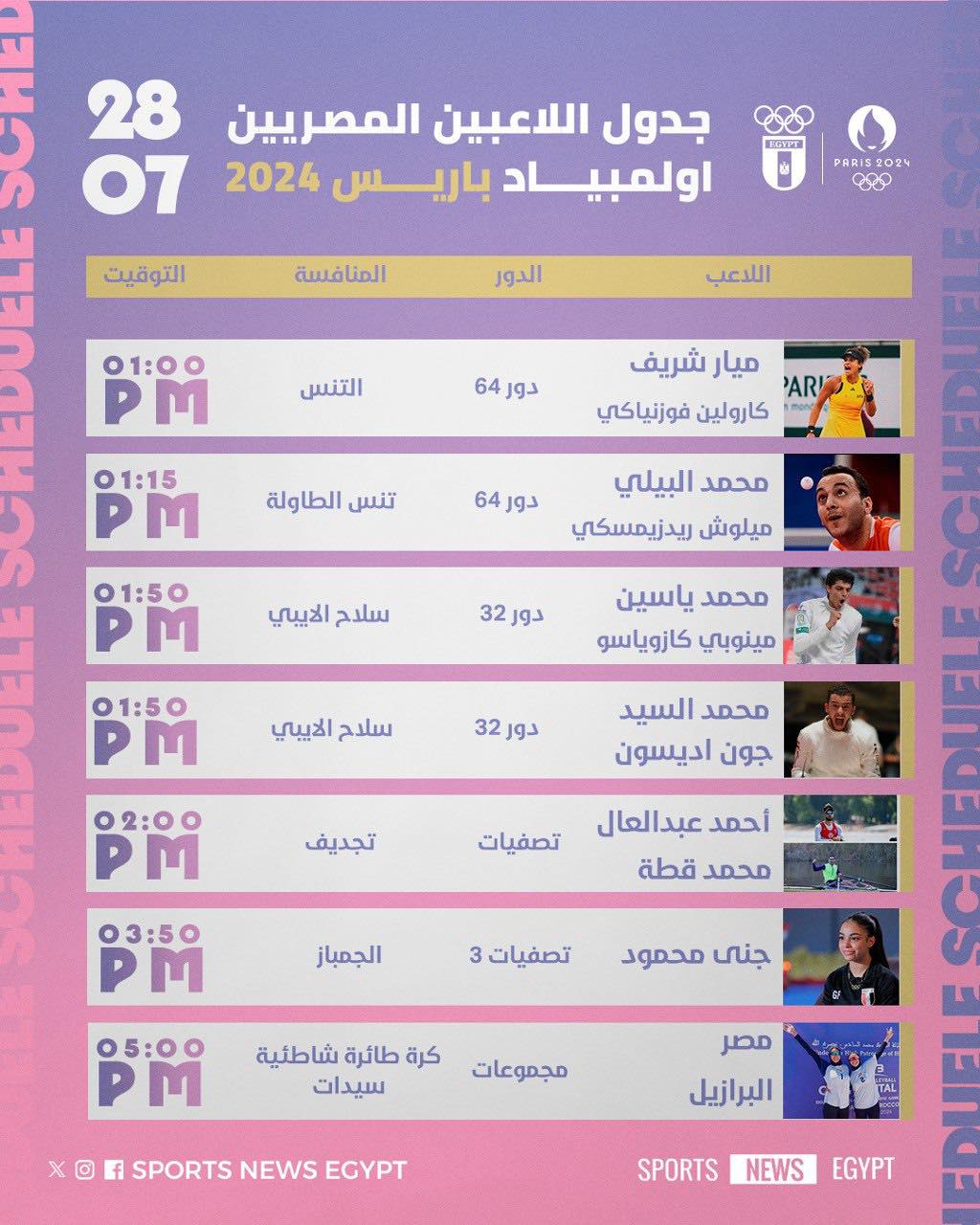جدول اليوم الثانى من الأولمبياد (3)