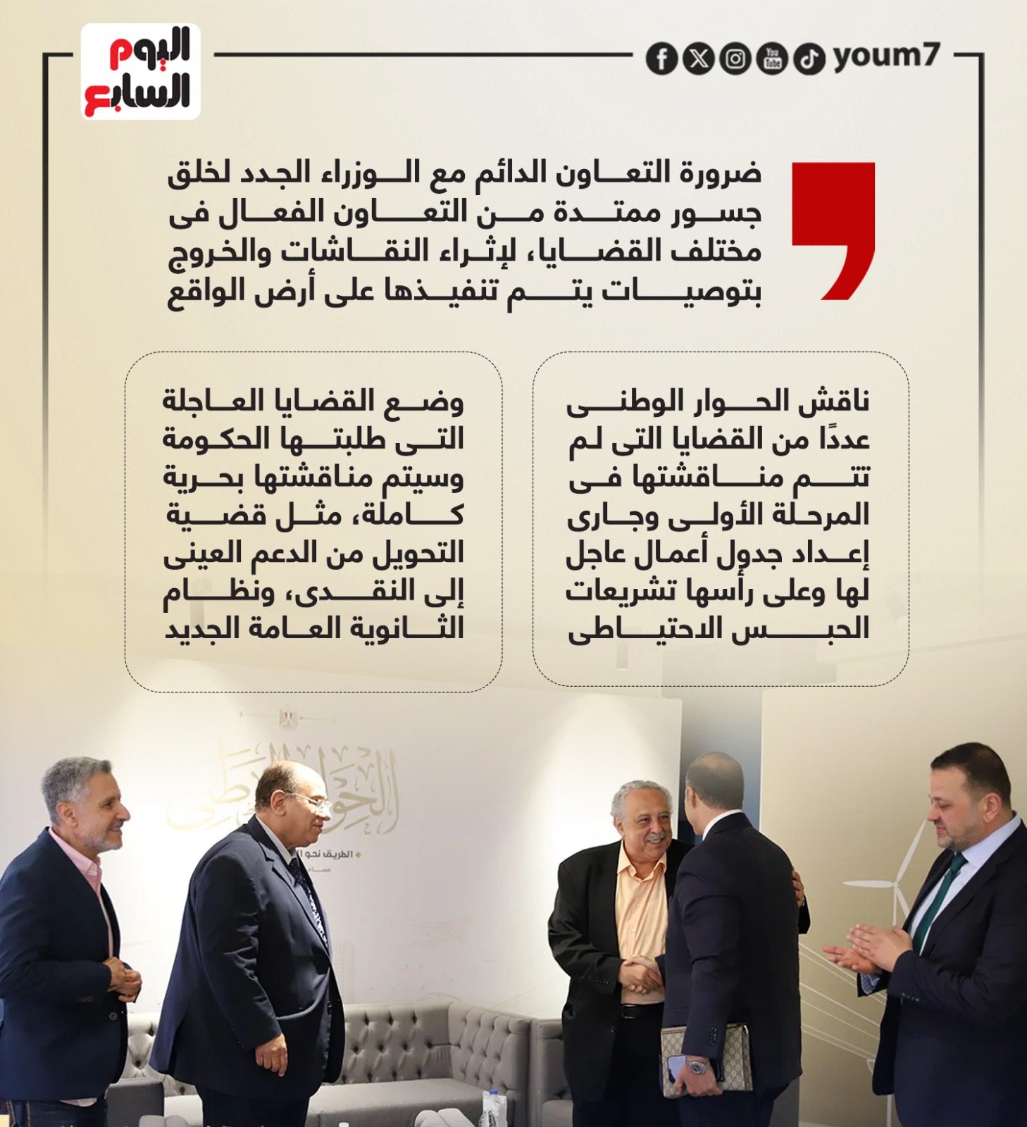 الحوار الوطنى يؤكد ضرورة التنسيق مع الحكومة لتنفيذ مخرجات مرحلته الأولى