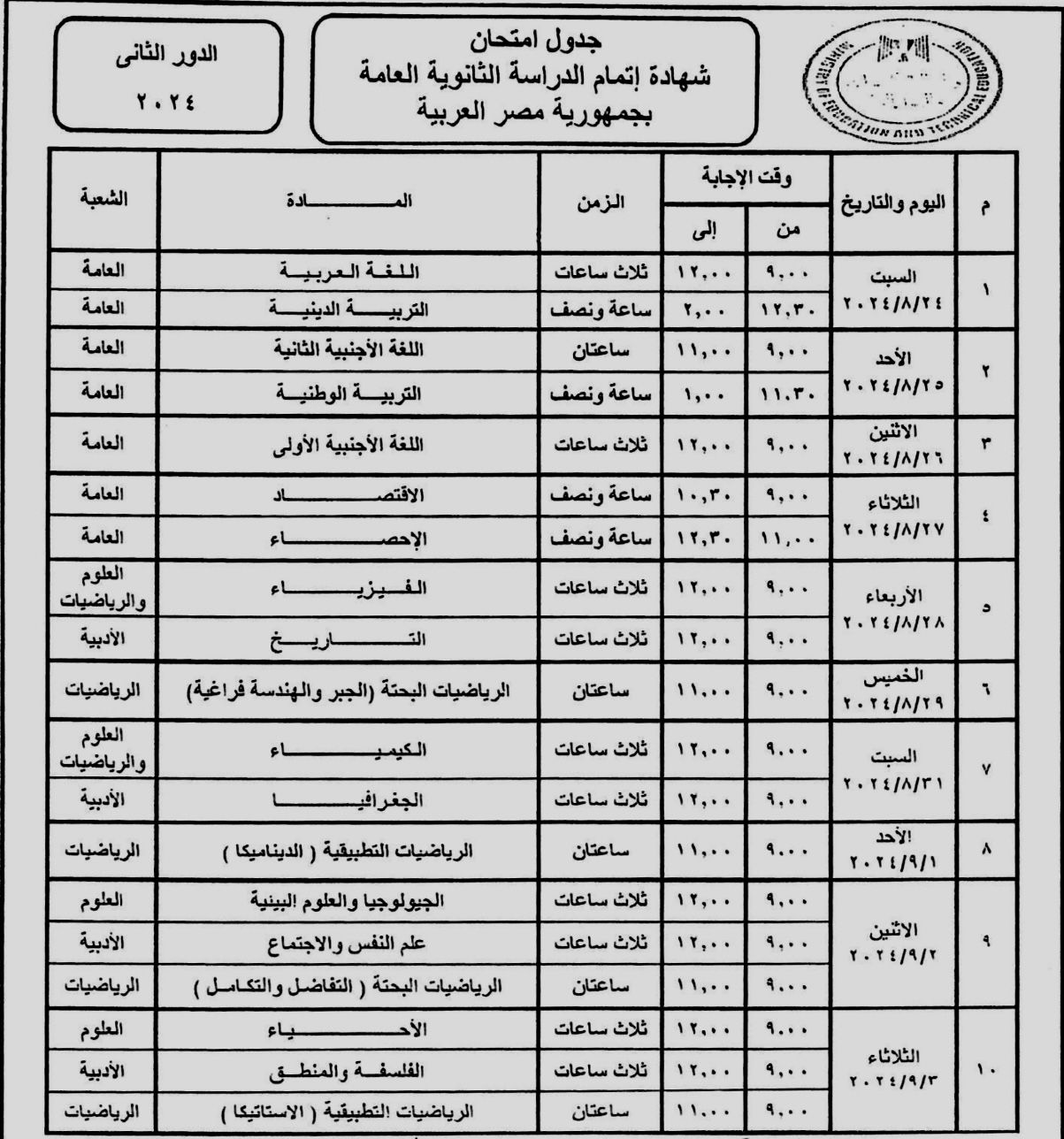 جدول امتحانات الثانوية العامة للدور الثانى