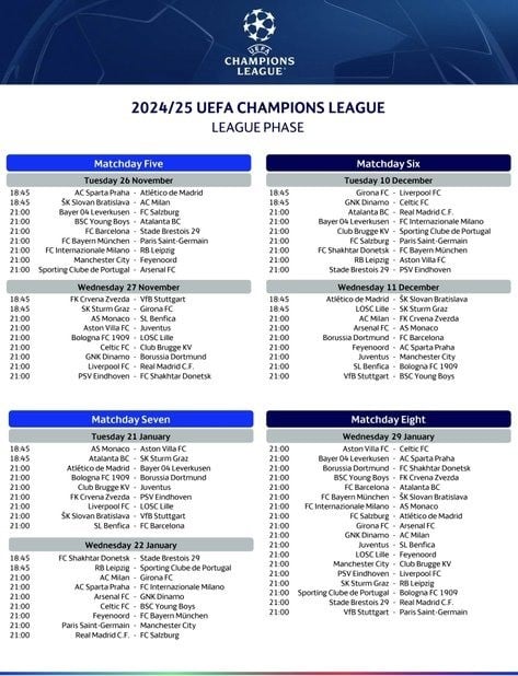 مواعيد مباريات دوري أبطال أوروبا