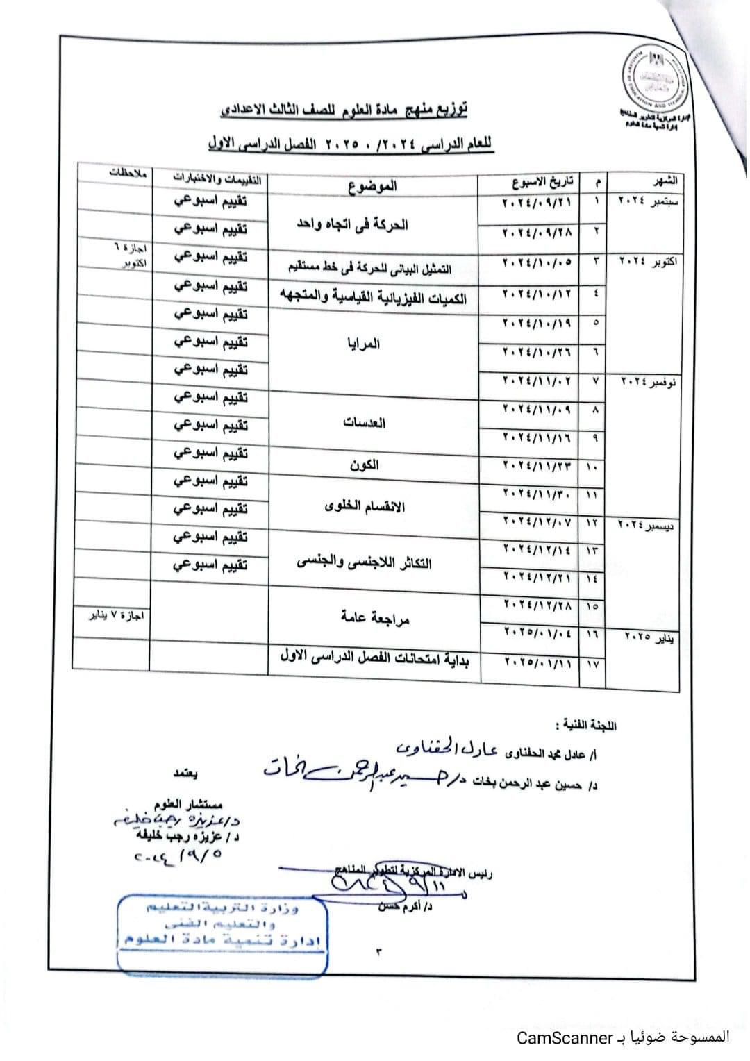 توزيع منهج العلوم للصف الثالث الإعدادي