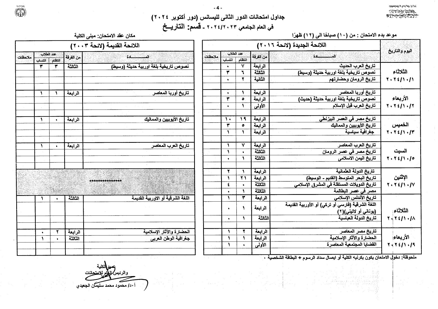 جداول امتحانات الليسانس دور أكتوبر 2024 بآداب المنصورة_page-0004