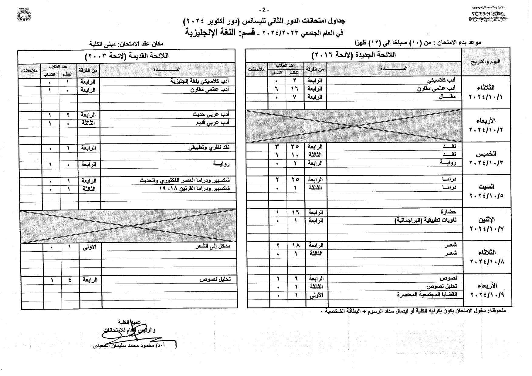 جداول امتحانات الليسانس دور أكتوبر 2024 بآداب المنصورة_page-0002