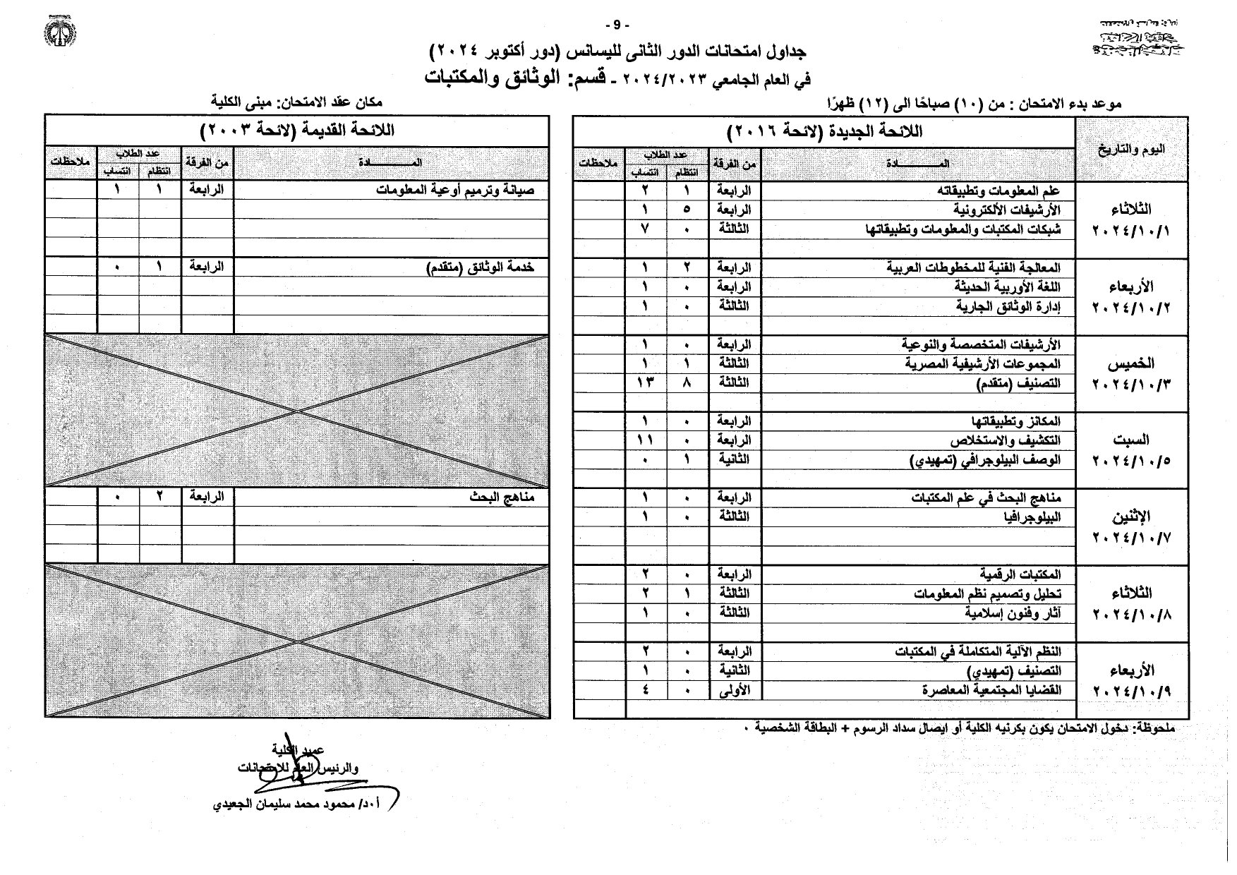 جداول امتحانات الليسانس دور أكتوبر 2024 بآداب المنصورة_page-0009