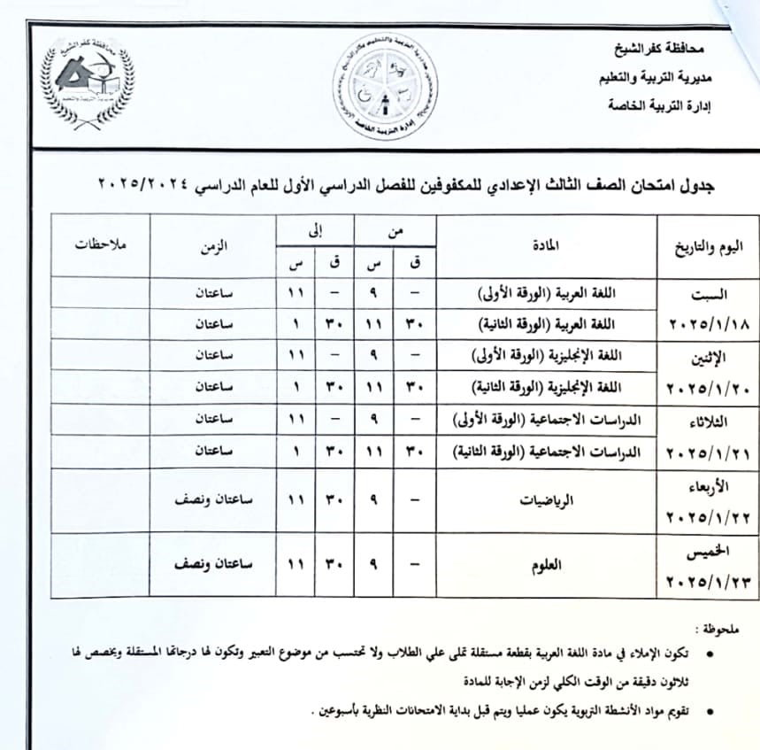 جدول امتحان الصف الثالث الإعدادي للمكفوفين (1)