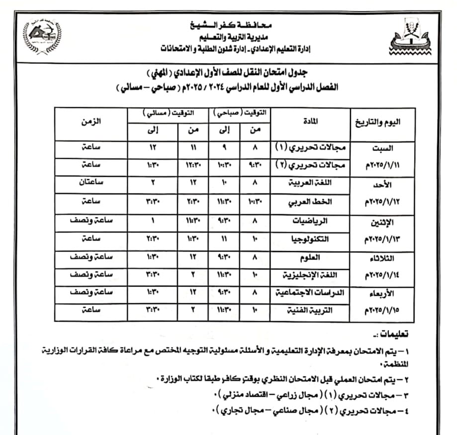 جدول امتحان الصف الاول الاعدادي مهني (1)