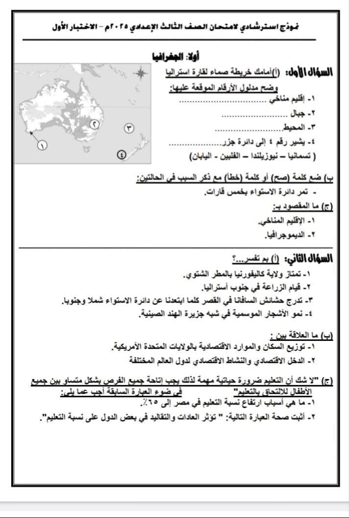 أسئلة استرشادية لامتحان مادة الدراسات الاجتماعية (3)