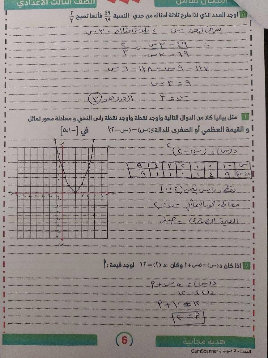 نماذج استرشادية بإجابتها لامتحان الجبر والهندسة (6)