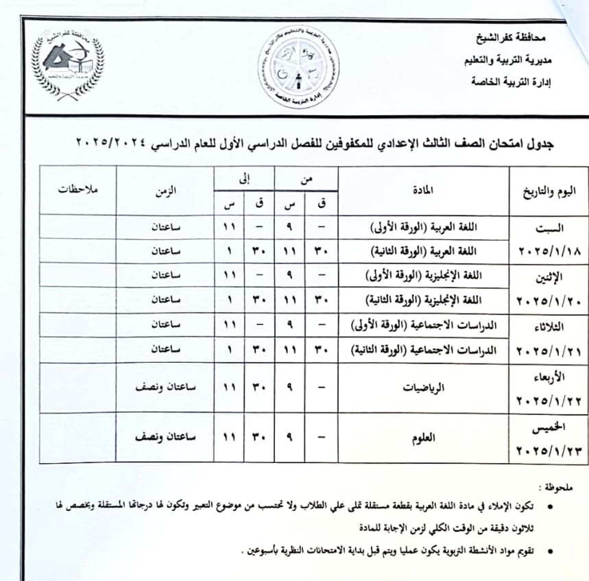 جدول امتحان الصف الثالث الإعدادي للمكفوفين