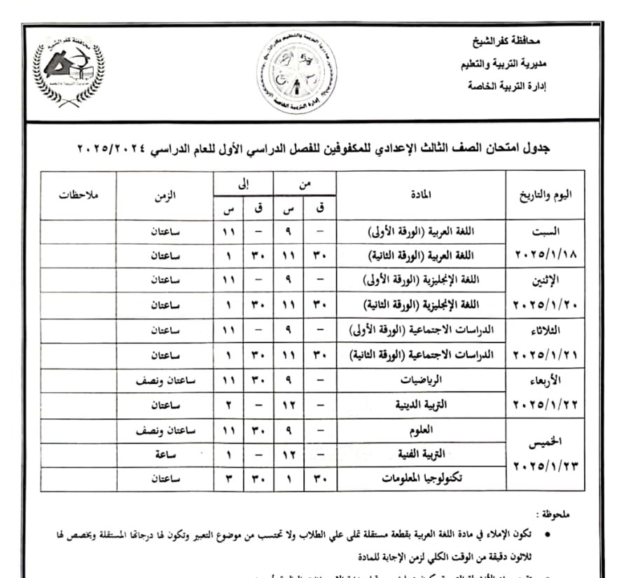 جدول امتحان الصف الثالث الإعدادي لذوي الهمم