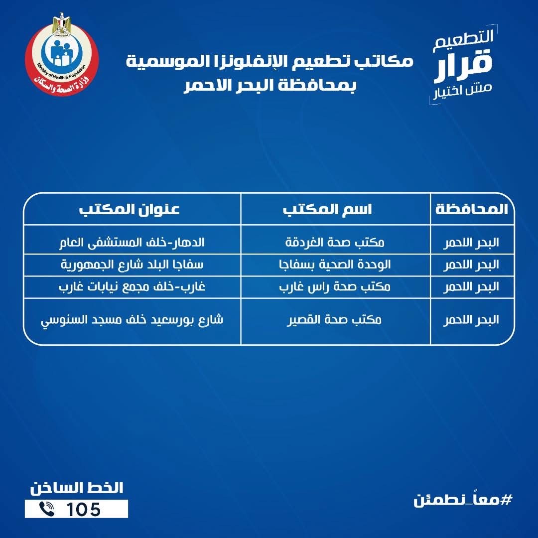 مكاتب تطعيم الانفلونزا الموسمية بالبحر الأحمر