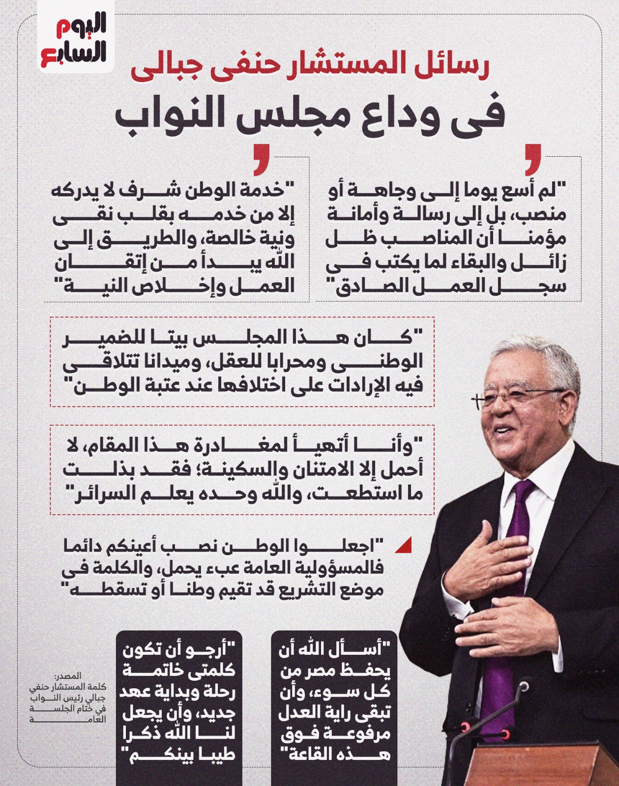 رسائل المستشار حنفى جبالى فى وداع مجلس النواب