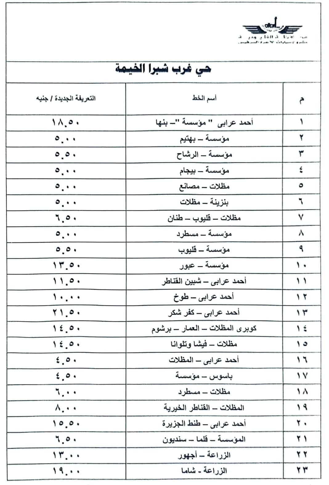 تعريفة الركوب للخطوط الداخلية بالقليوبية (13)