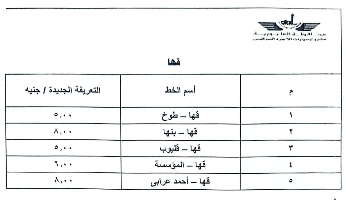 تعريفة الركوب للخطوط الداخلية بالقليوبية (6)