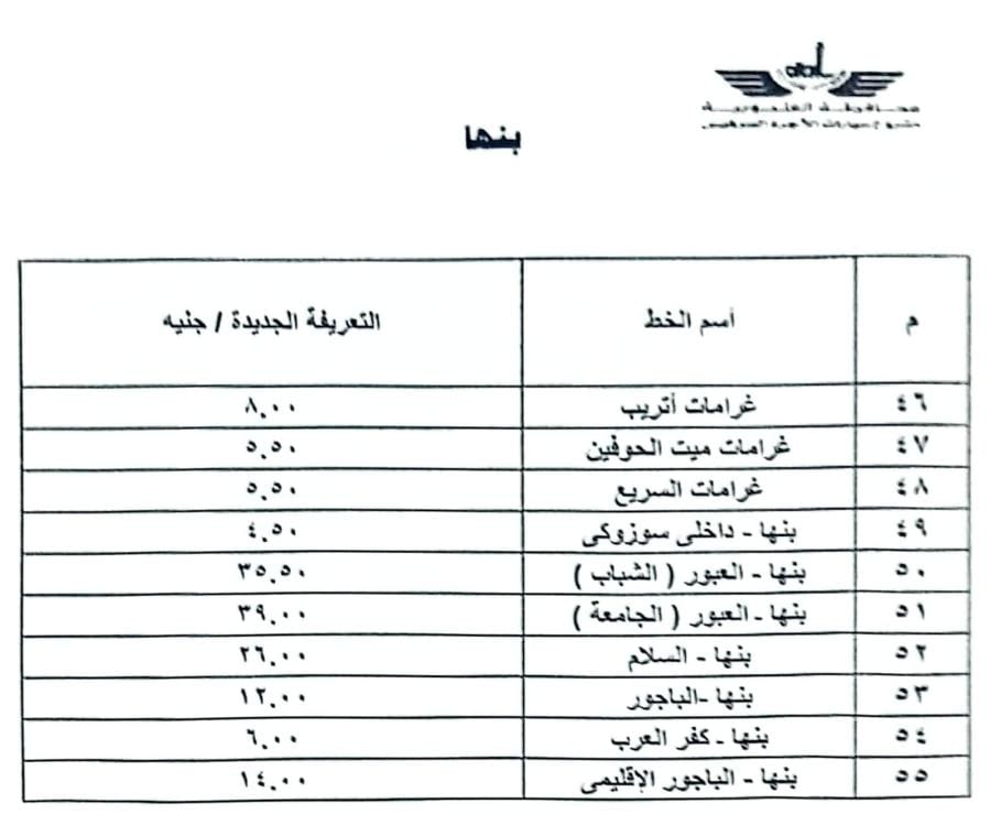 تعريفة الركوب للخطوط الداخلية بالقليوبية (4)