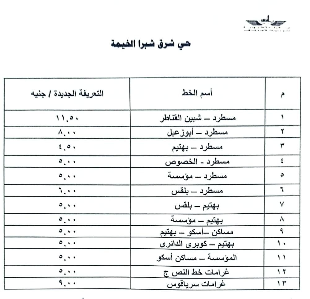 تعريفة الركوب للخطوط الداخلية بالقليوبية (1)