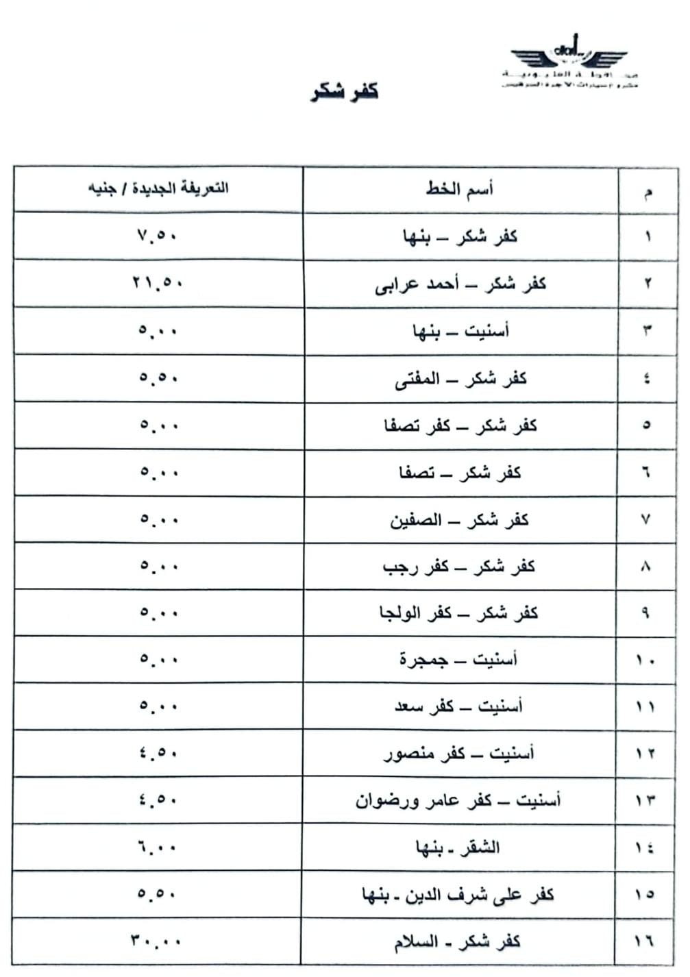 تعريفة الركوب للخطوط الداخلية بالقليوبية (9)