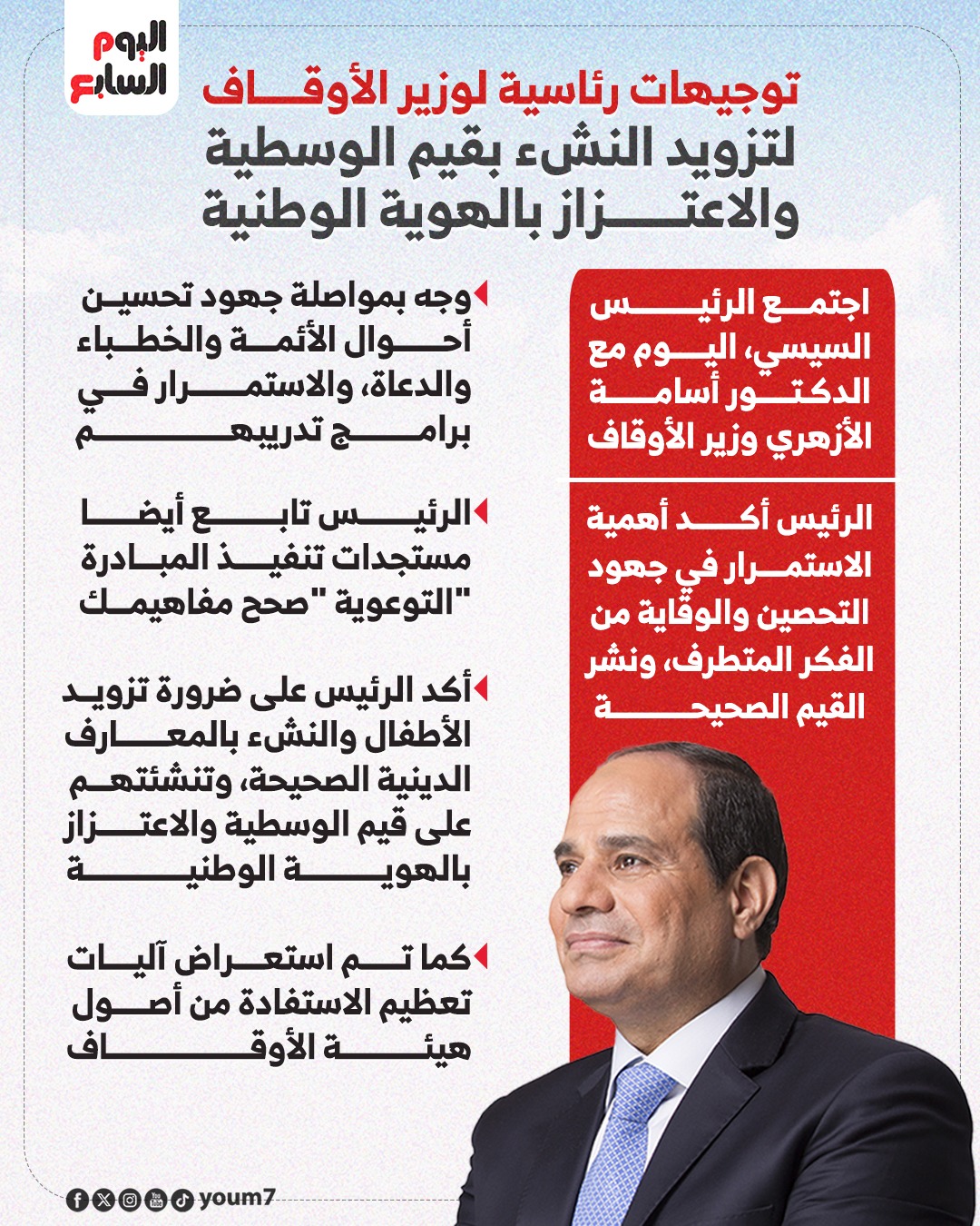 توجيهات رئاسية لوزير الأوقاف لتزويد النشء بقيم الوسطية والاعتزاز بالهوية الوطنية