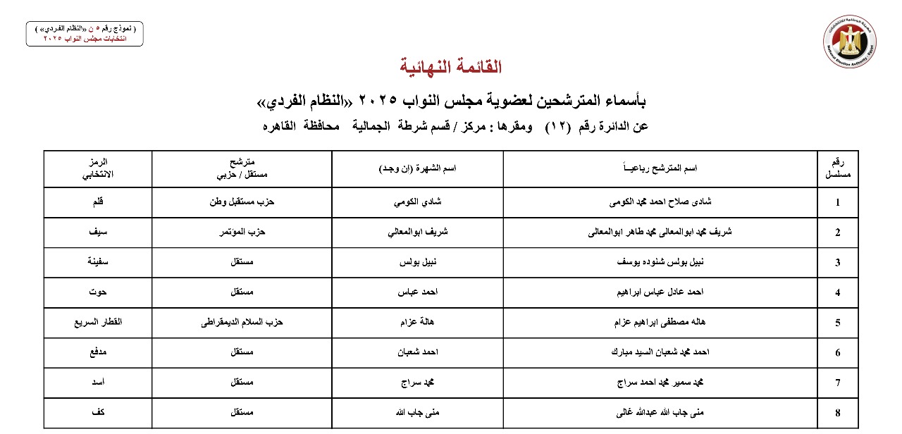 القائمة النهائية لمرشحي دوائر محافظة القاهرة عن النظام الفردي (17)