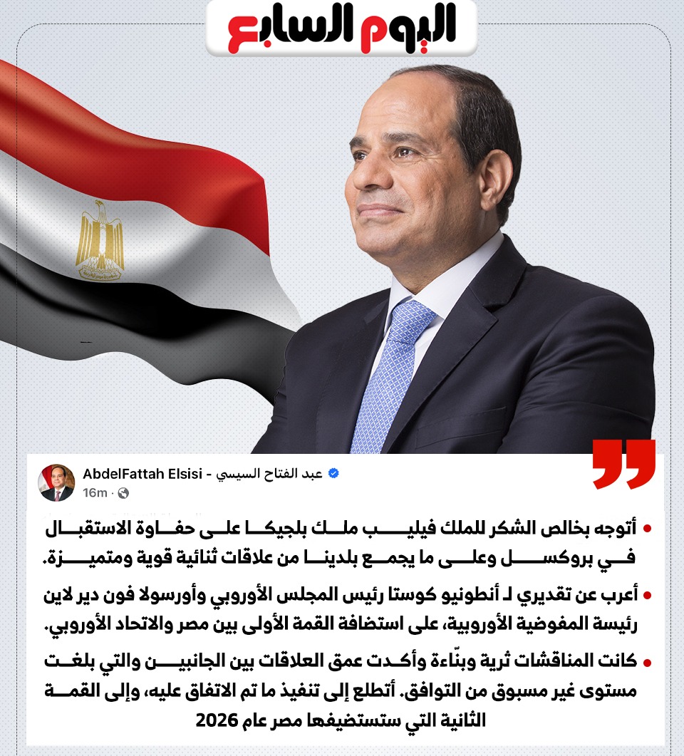 الرئيس السيسي يشكر ملك بلجيكا على حفاوة الاستقبال ويعرب عن تقديره لكوستا وأورسولا