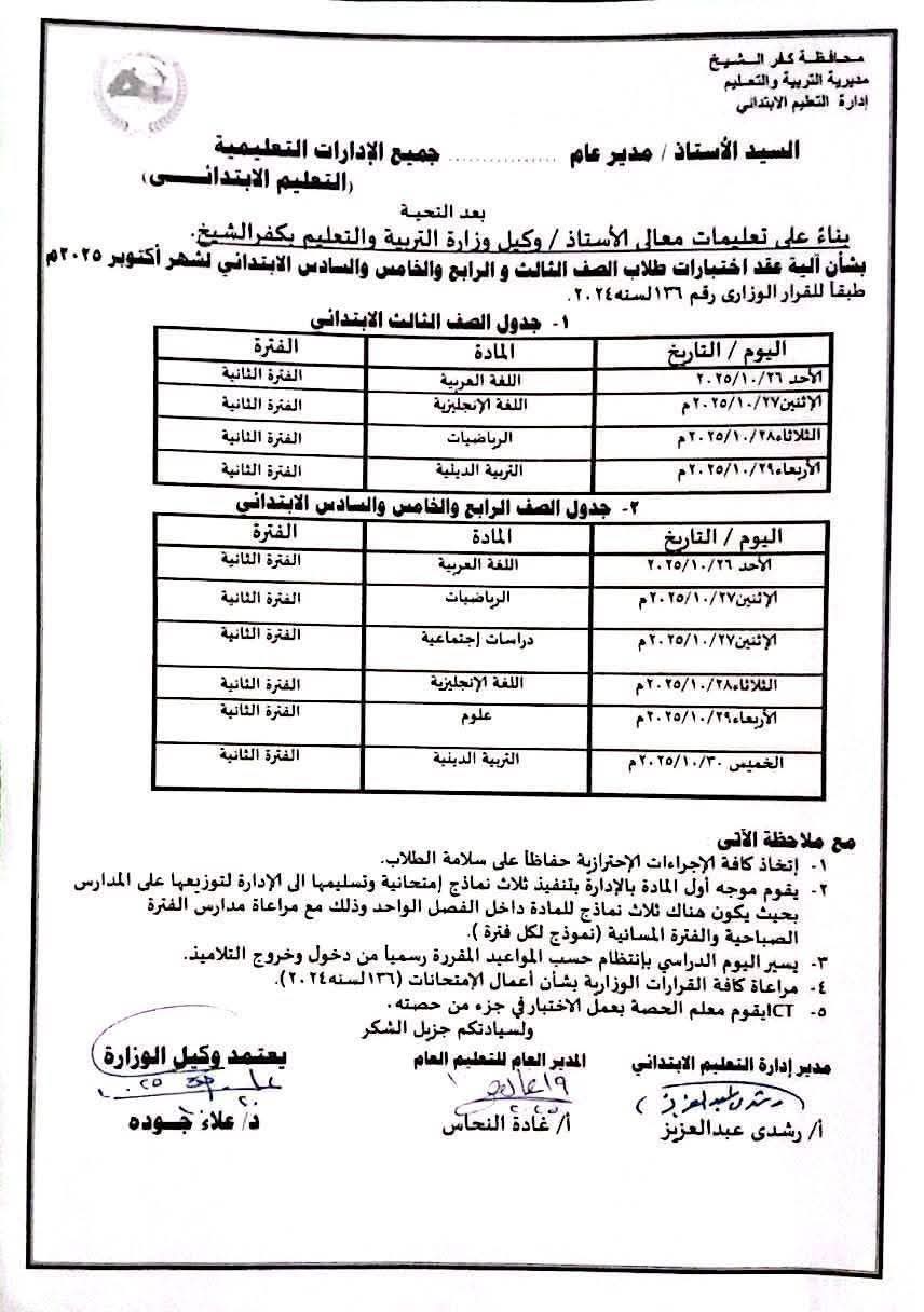 جدول امتحان الصفوف الأولى بكفر الشيخ