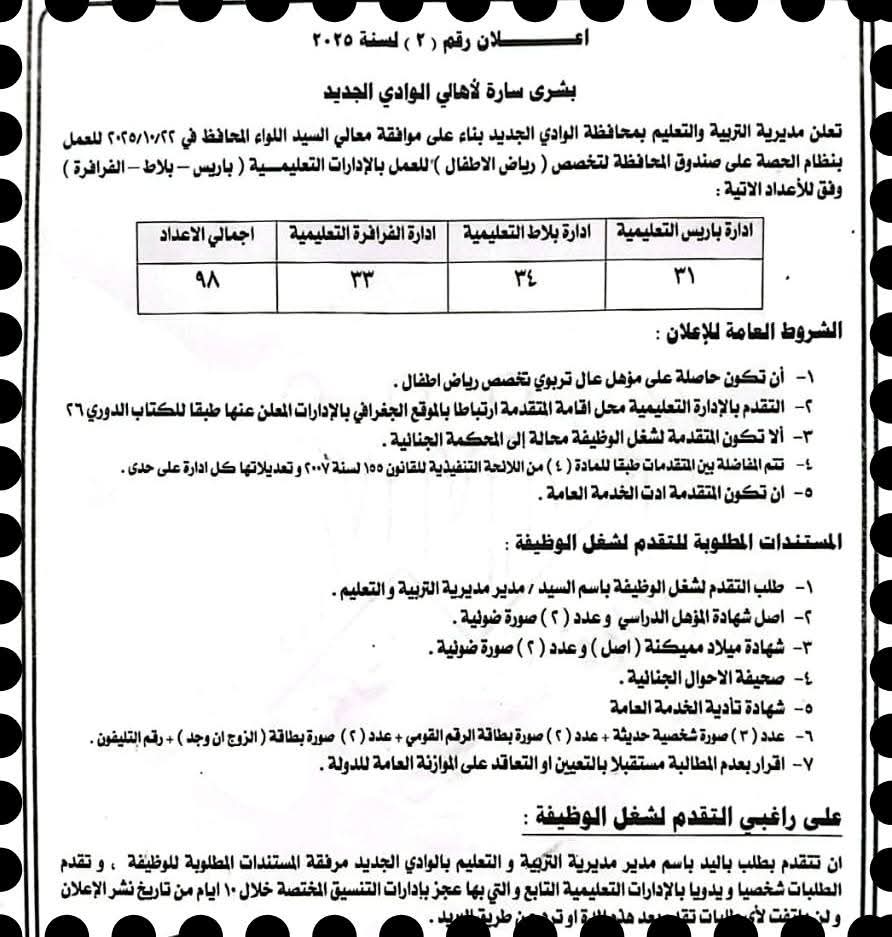 فتح باب التقديم لوظائف معلمة بالحصة لخريجات رياض الاطفال بالوادي الجديد فتح باب التقديم لوظائف معلمة بالحصة لخريجات رياض الاطفال بالوادي الجديد