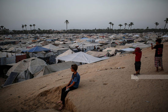 الأطفال يشاهدون المخيمات المتكدسة فى دير البلح الأطفال يشاهدون المخيمات المتكدسة فى دير البلح