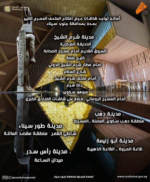 أماكن تواجد شاشات عرض حفل افتتاح المتحف المصري بمحافظة جنوب سيناء