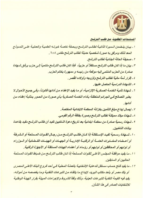  المستندات المطلوبة للمترشحين بانتخابات النواب (4)