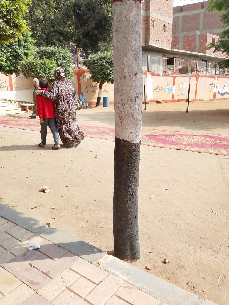 ناخبة تستند على ابنها أثناء التوجه للإدلاء بصوتها في انتخابات النواب