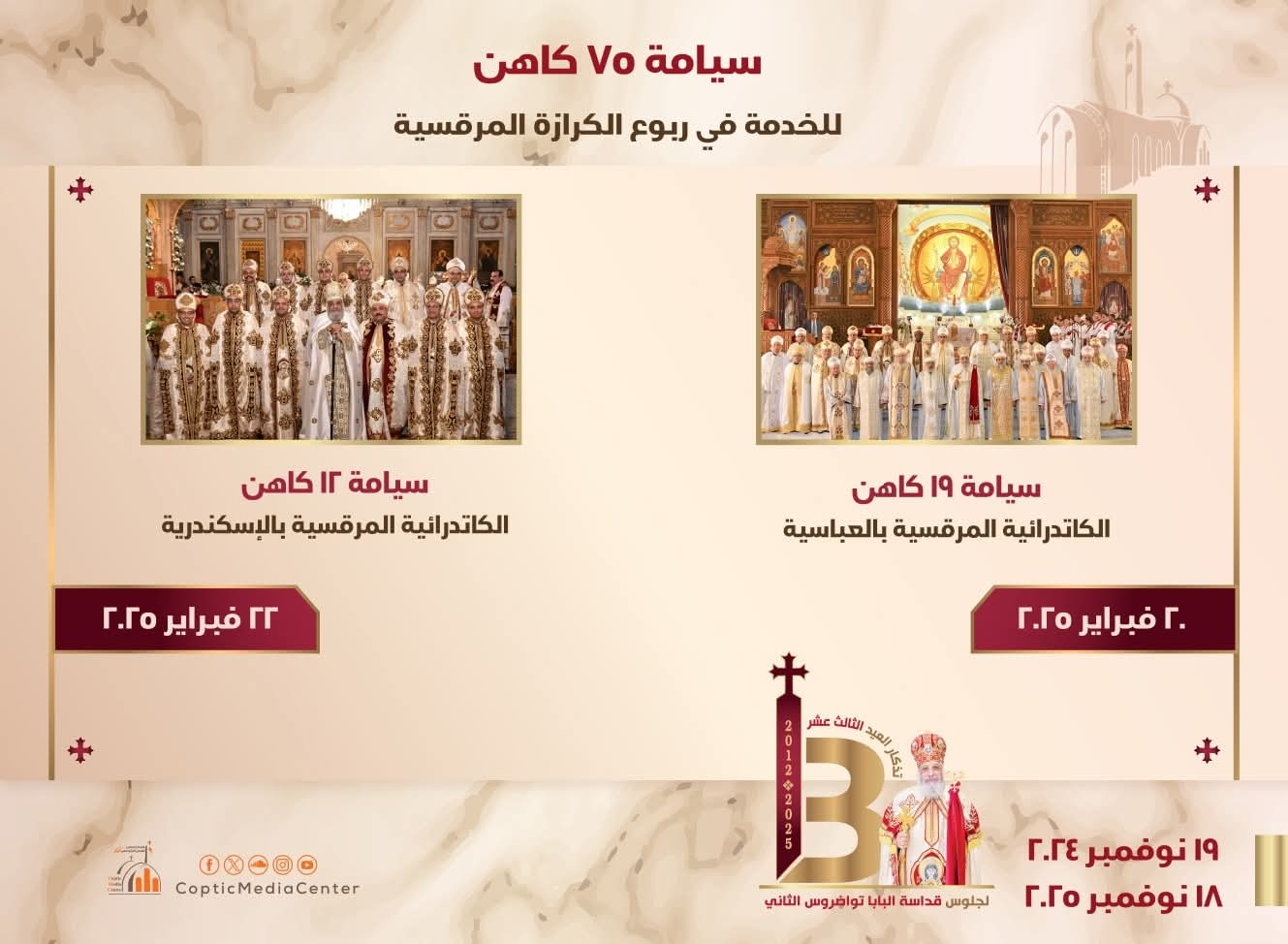 البابا تواضروس الثاني يرسم 75 كاهنًا خلال عام2