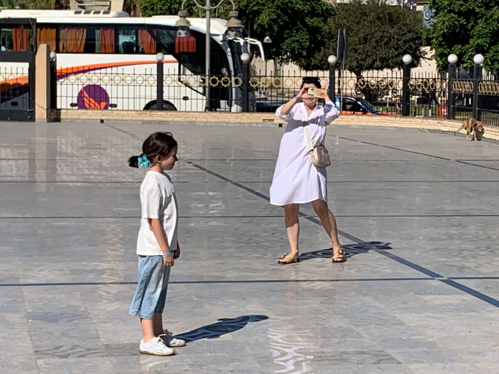 سياح من اعمار مختلفة داخل ساحة المسجد 