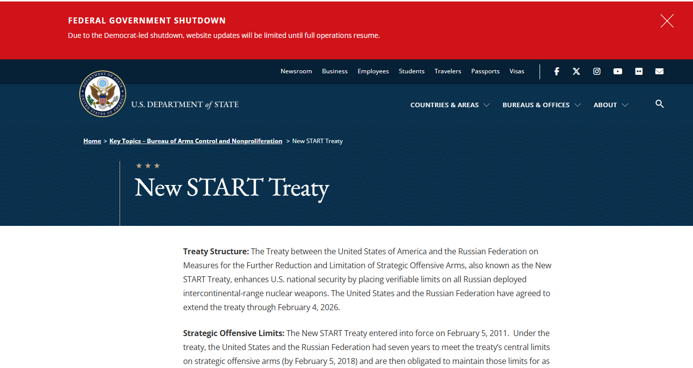 معاهدة ستارت الجديدة على الموقع الرسمي لوزارة الخارجية الأمريكية