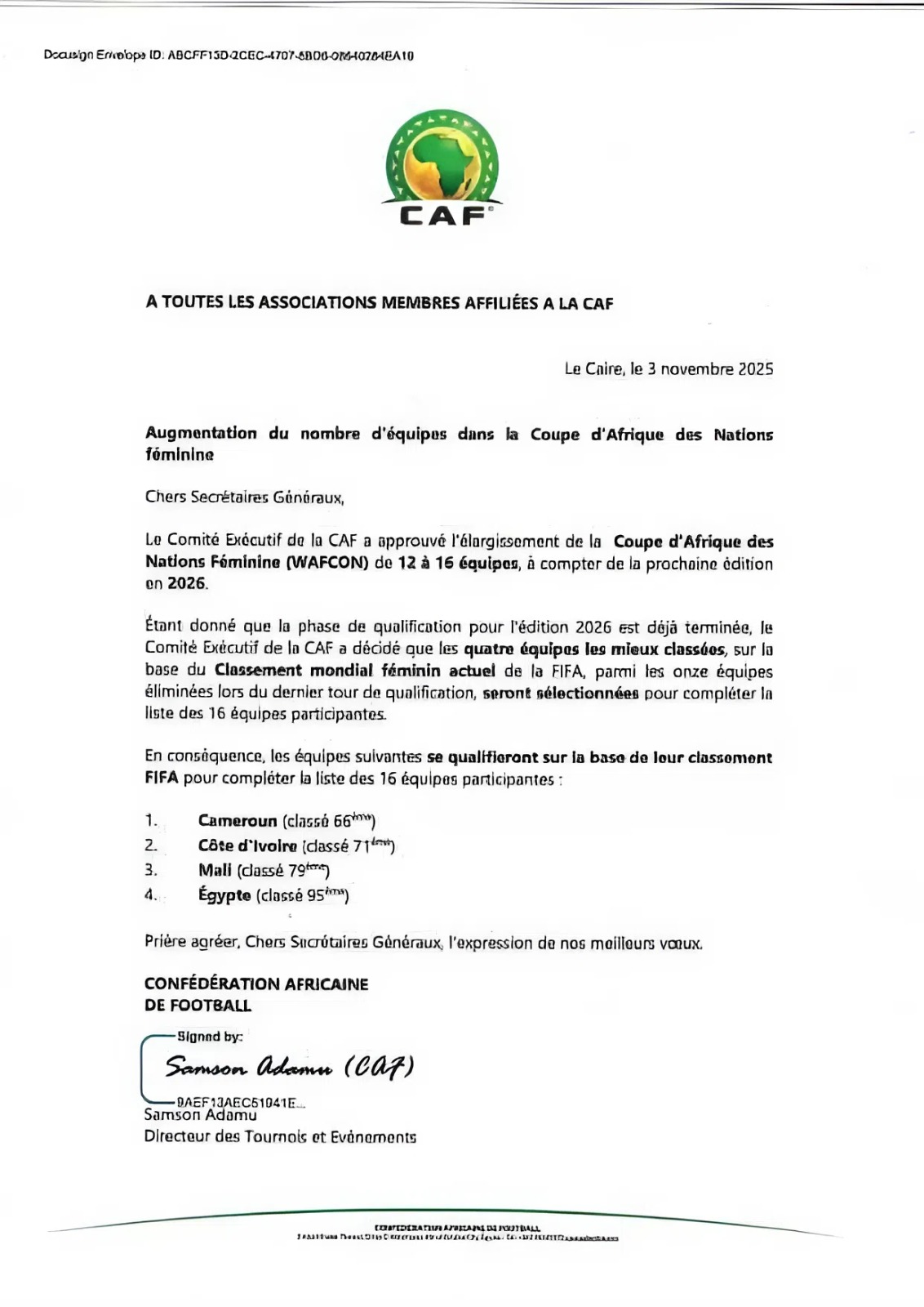 مستند يوضح المنتخبات المشاركة في البطولة