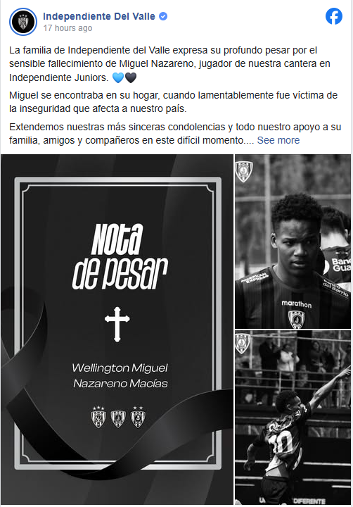 وفاة ميجيل نازارينو لاعب نادي إنديبندينتي ديل فالي الإكوادوري وفاة ميجيل نازارينو لاعب نادي إنديبندينتي ديل فالي الإكوادوري