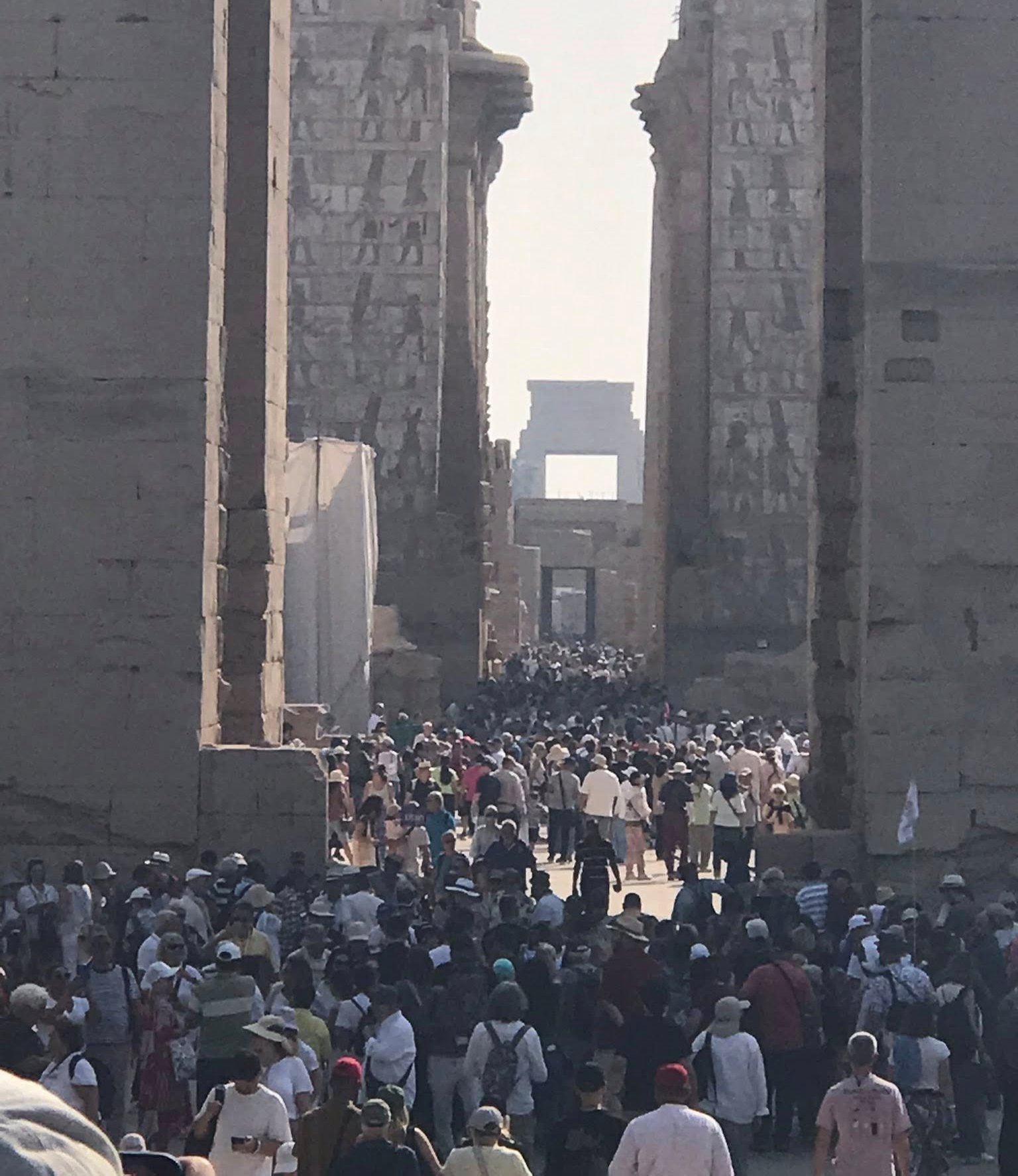 السياح الأجانب من حول العالم سعداء بين جدران وأعمدة معابد الأقصر