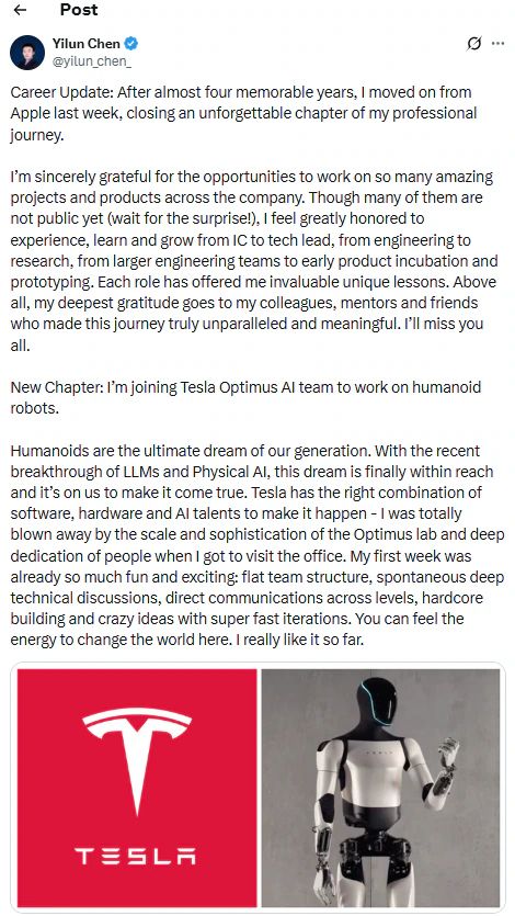 مهندس سابق في أبل ينضم إلى فريق Tesla Optimus