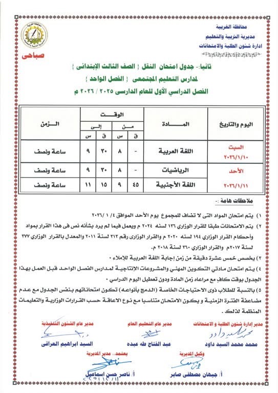 جداول امتحانات الفصل الدراسي الأول لصفوف النقل والشهادة الإعدادية (14)