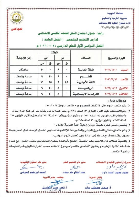 جداول امتحانات الفصل الدراسي الأول لصفوف النقل والشهادة الإعدادية (18)