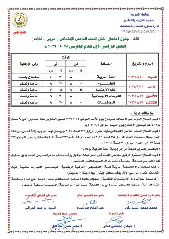 جداول امتحانات الفصل الدراسي الأول لصفوف النقل والشهادة الإعدادية (25)
