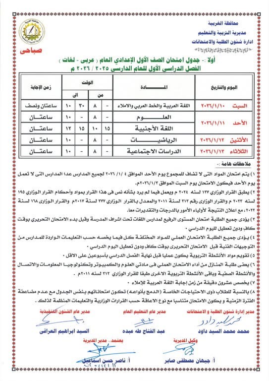 جداول امتحانات الفصل الدراسي الأول لصفوف النقل والشهادة الإعدادية (1)