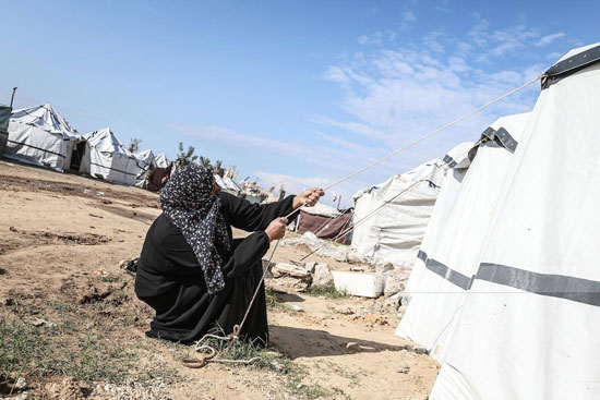 سيدة تقوم بشد الخيام لمحاولات العيش بها سيدة تقوم بشد الخيام لمحاولات العيش بها