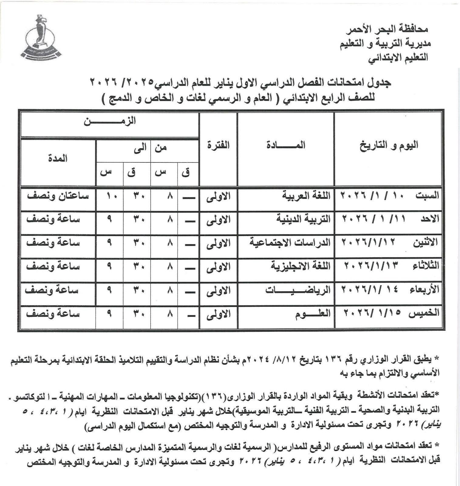 مواعيد امتحانات الفصل الدراسى الأول (2)