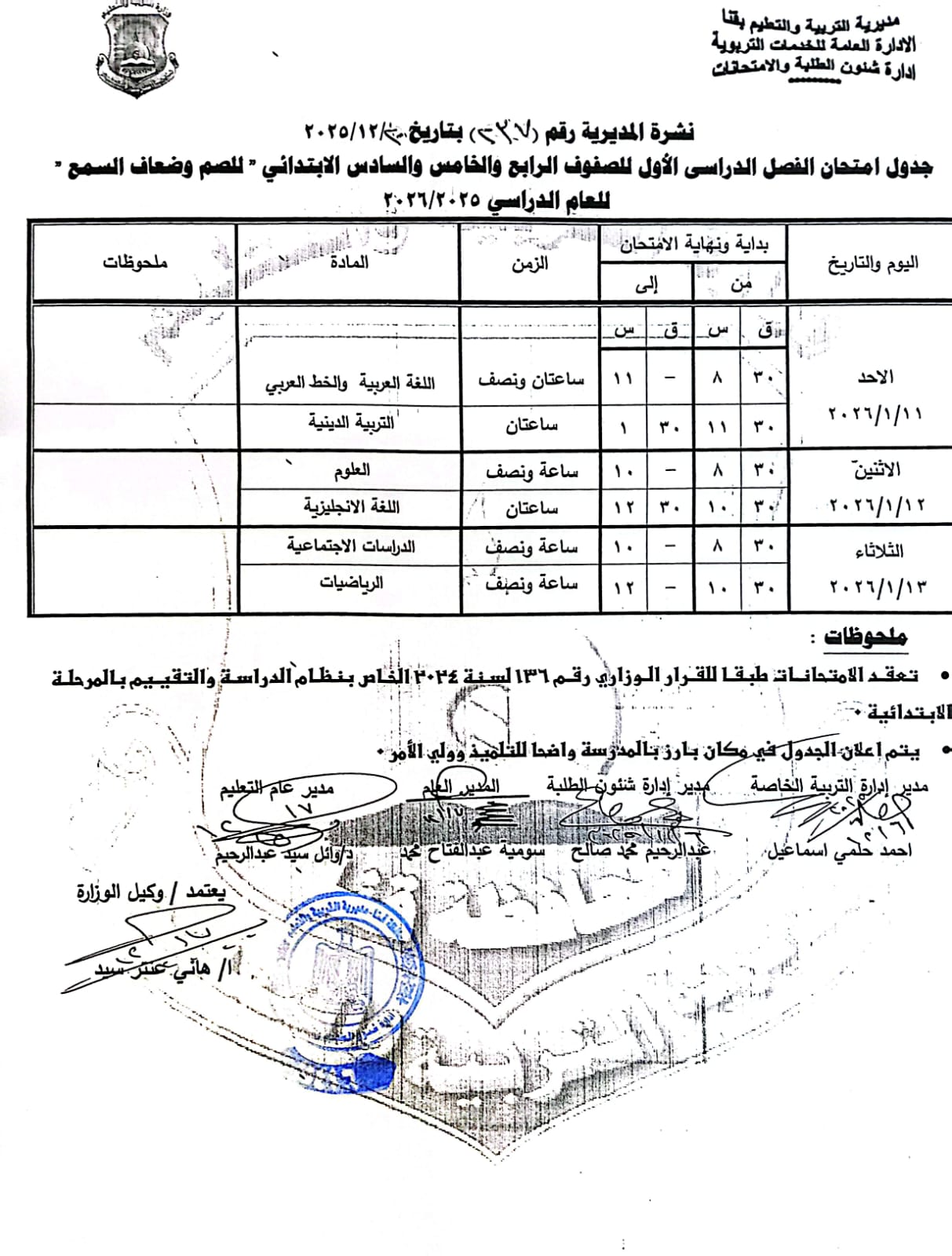 مواعيد امتحانات الفصل الدراسي الأول 2025 بجميع المراحل التعليمية (12)